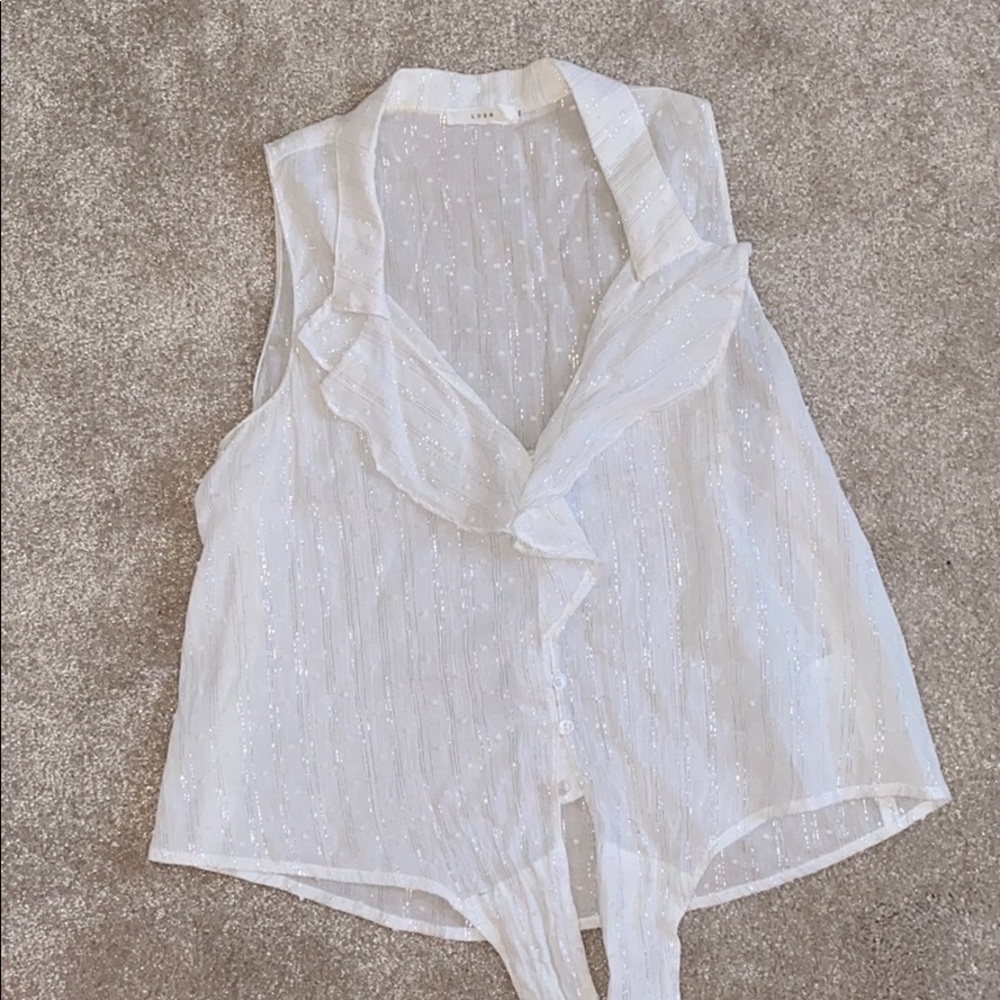 Lush white collared tank top blouse with tie
